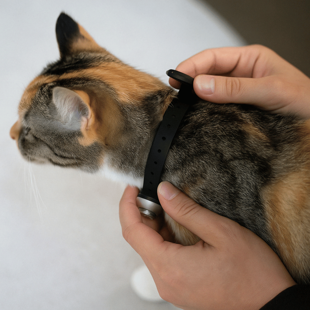 Gato jugando con un collar láser divertido y con beneficios para su salud ya que estimula su instinto cazador, el collar es de tu reino animal