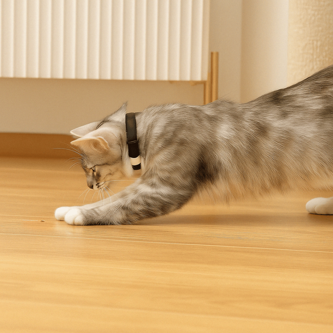 Gato entretenido jugando con un collar láser divertido y con beneficios para su salud ya que estimula su instinto cazador, el collar es de tu reino animal