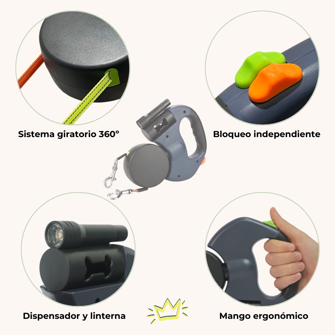 Correa para perros con detalles reflectantes para mayor seguridad, bolsas integradas y linterna para paseos nocturnos de Tu Reino Animal