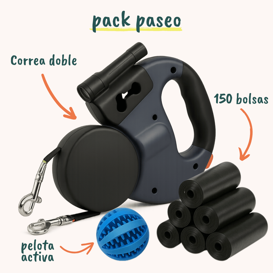 Pack Paseo para perro 3 en 1 que incluye correa doble antienredos para paseos seguros, 150 bolsas biodegradables para recoger desechos y una pelota interactiva ideal para estimular el juego y la actividad física del perro. Solución completa para paseos cómodos, higiénicos y divertidos.