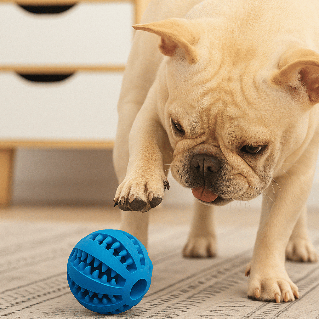 Perro con pelota activa de tu reino animal con espacio para snacks que estimula la mente, promueve la higiene dental y mantiene a tu mascota activa y entretenida.