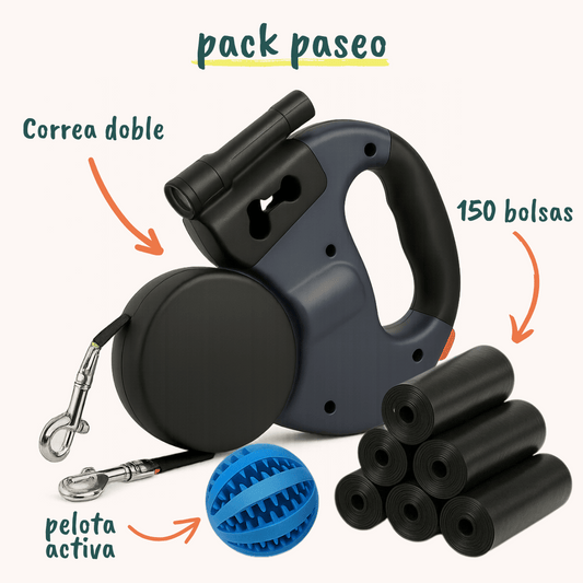 Pack Paseo para perro 3 en 1 que incluye correa doble antienredos para paseos seguros, 150 bolsas biodegradables para recoger desechos y una pelota interactiva ideal para estimular el juego y la actividad física del perro. Solución completa para paseos cómodos, higiénicos y divertidos.