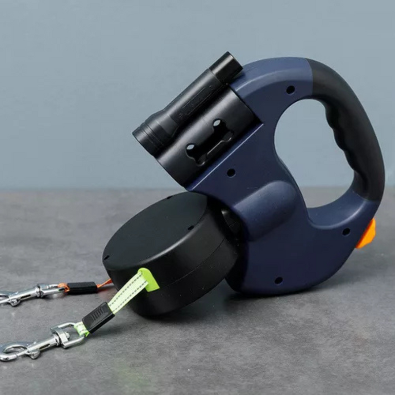 correa doble antienredos para dos perros, antiestres, paseos fáciles, sin complicaciones, con linterna incorporada, bolsas incorporadas, mecanismo giratorio antienredos, correa retrácil para dos perros