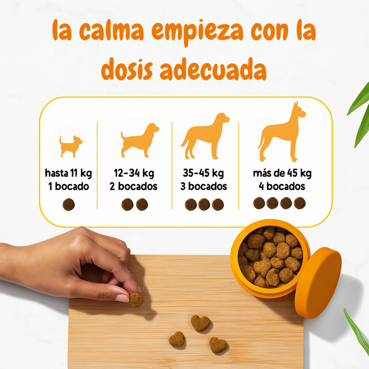 Guía de dosis de Probióticos Bienestar de Tu Reino Animal para perros: hasta 11 kg, 1 bocado; 12-34 kg, 2; 35-45 kg, 3; más de 45 kg, 4.
