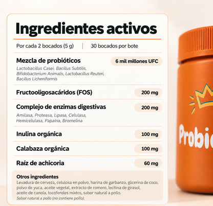 Tabla de ingredientes de Probióticos Bienestar de Tu Reino Animal para perros, con 6 mil millones de UFC, prebióticos y enzimas digestivas.