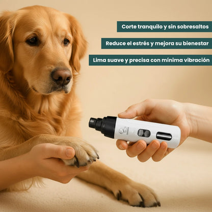 Manos humanas sujetando la pata de un perro mientras se liman las uñas con un cortauñas eléctrico silencioso