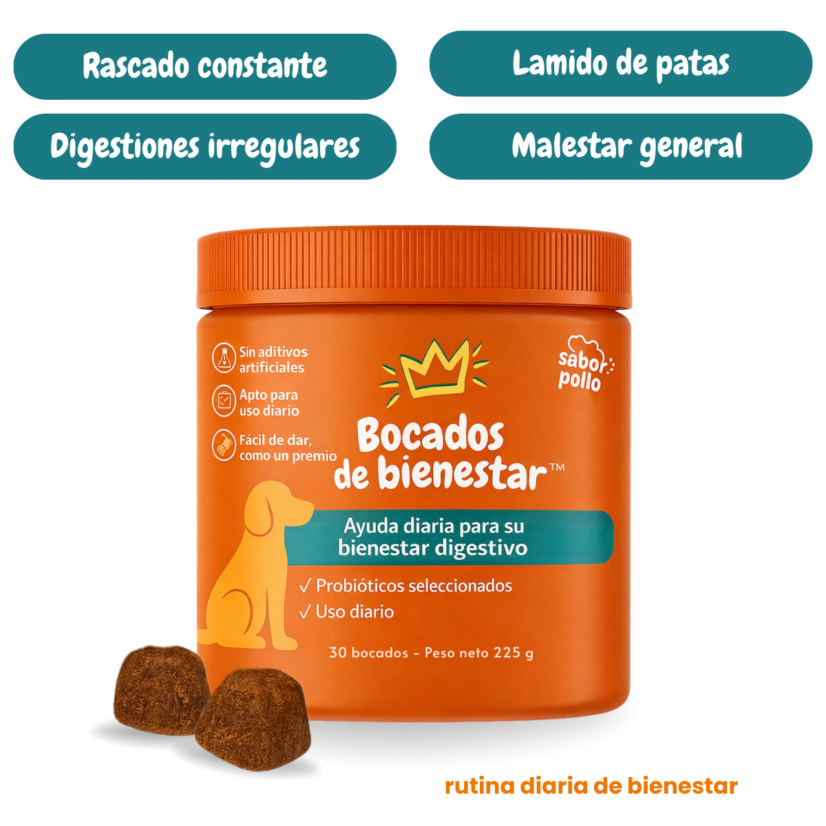 Probióticos Bienestar de Tu Reino Animal para perros, con bocados y referencias al rascado, lamido de patas, digestiones irregulares y malestar general.